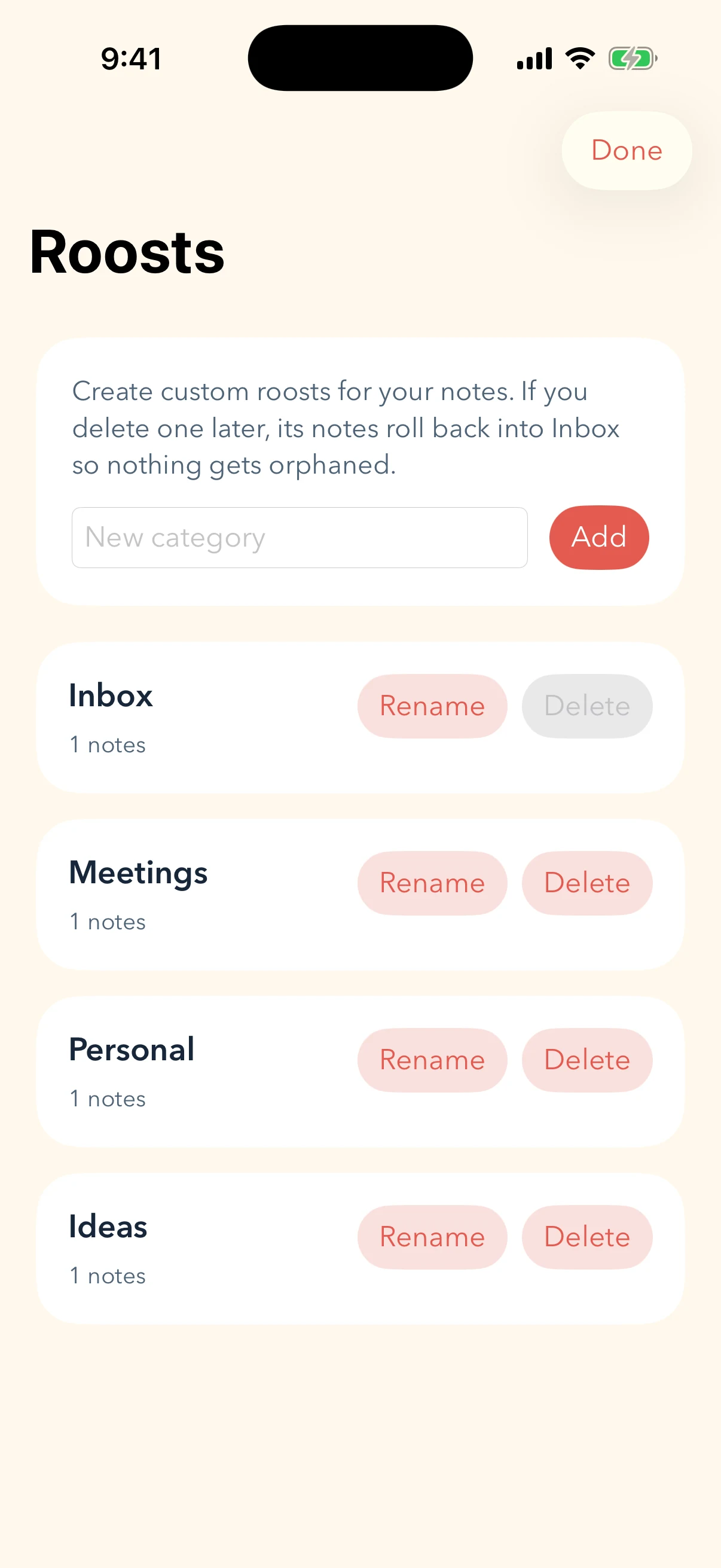FlusterCluck category view on iPhone with placeholder note groups.