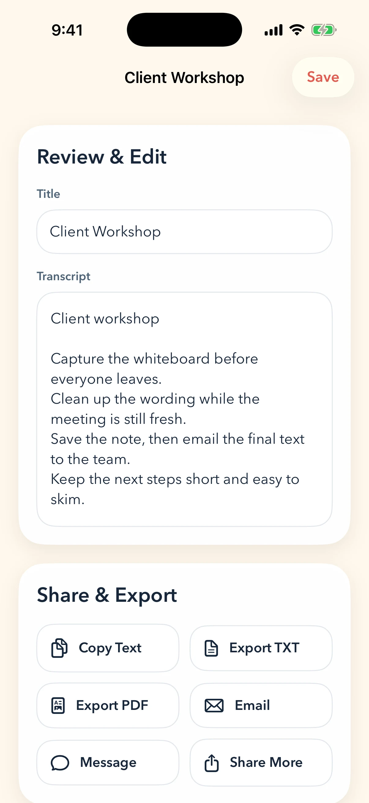 FlusterCluck note detail on iPhone showing a cleaned note and metadata.