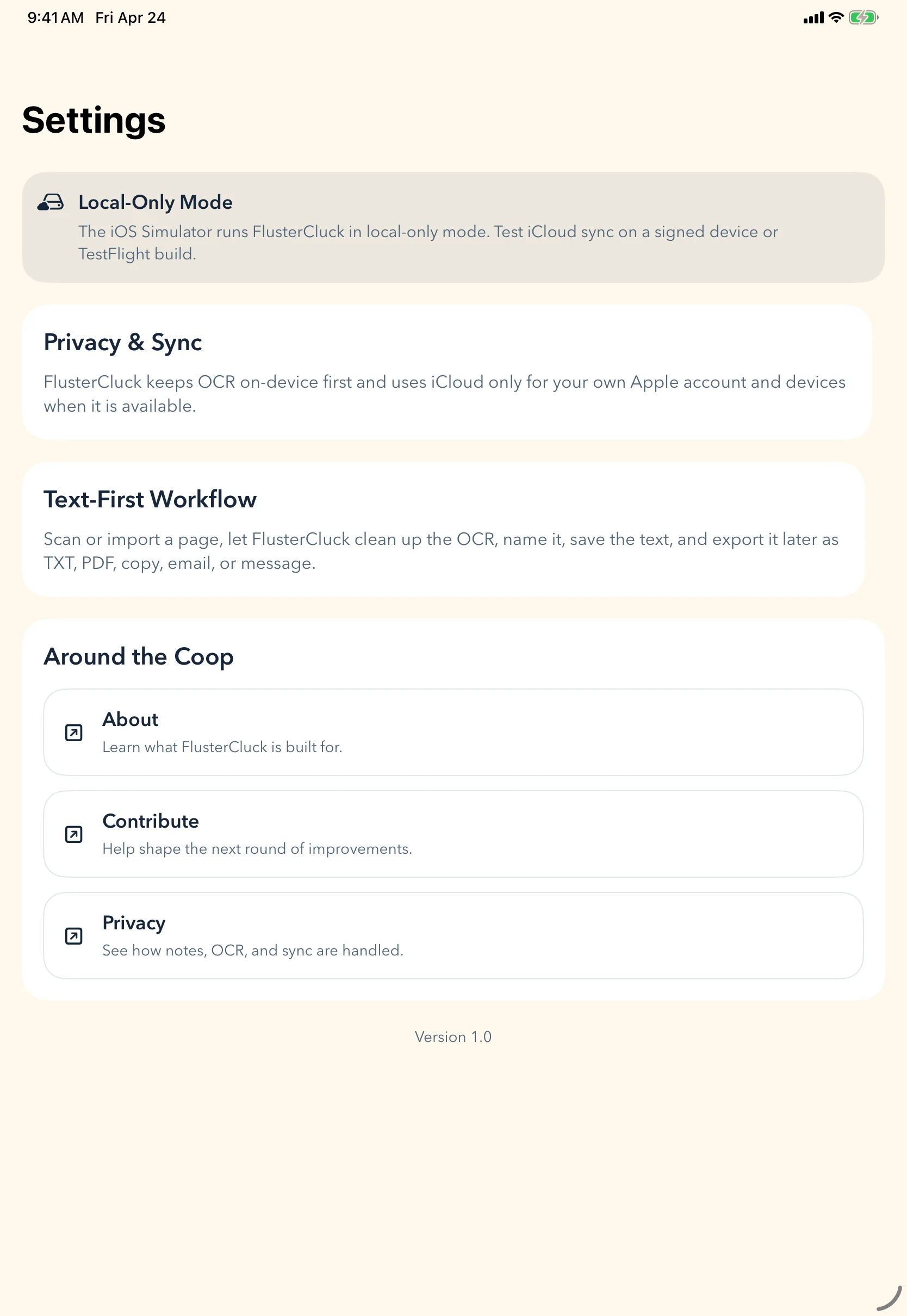 FlusterCluck settings screen on iPad with placeholder configuration.