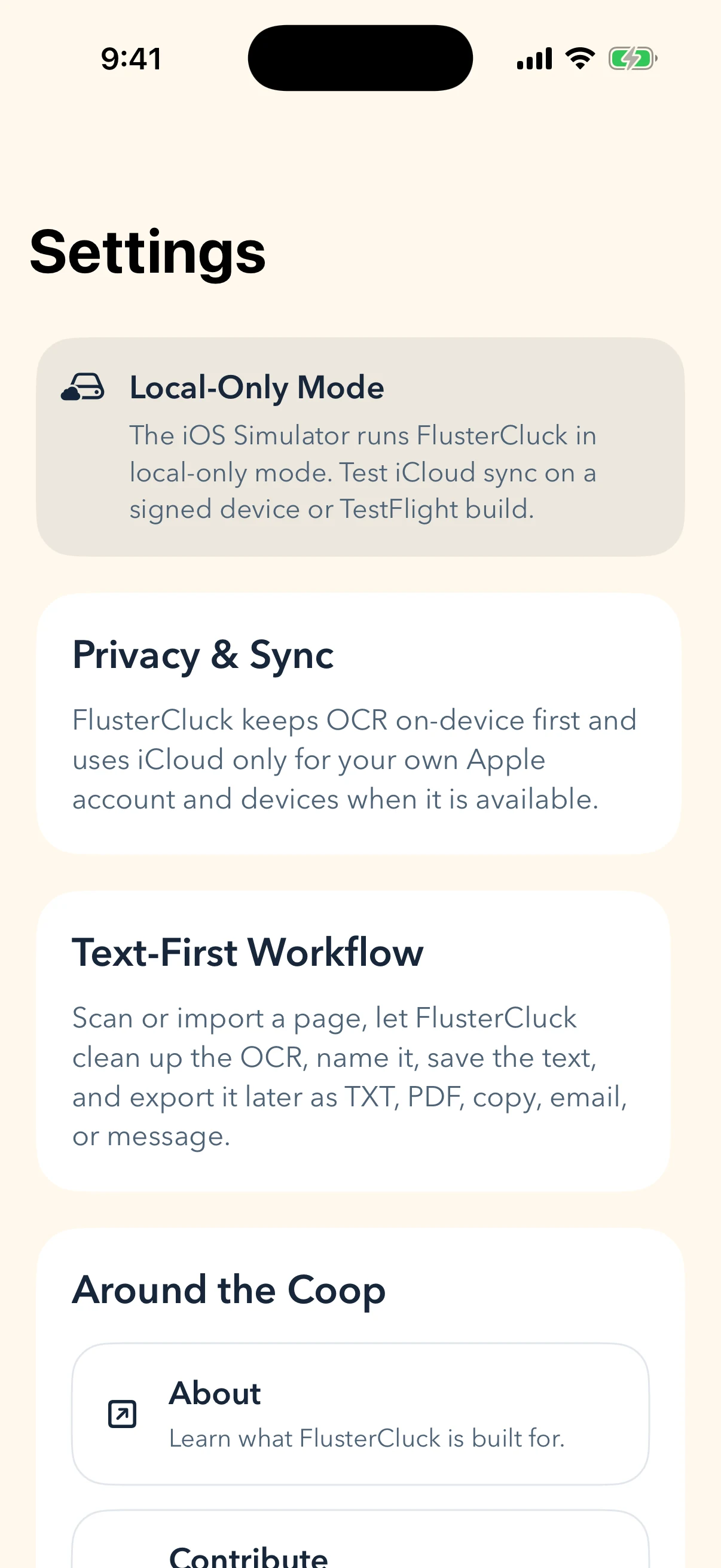 FlusterCluck settings screen on iPhone with placeholder preferences.